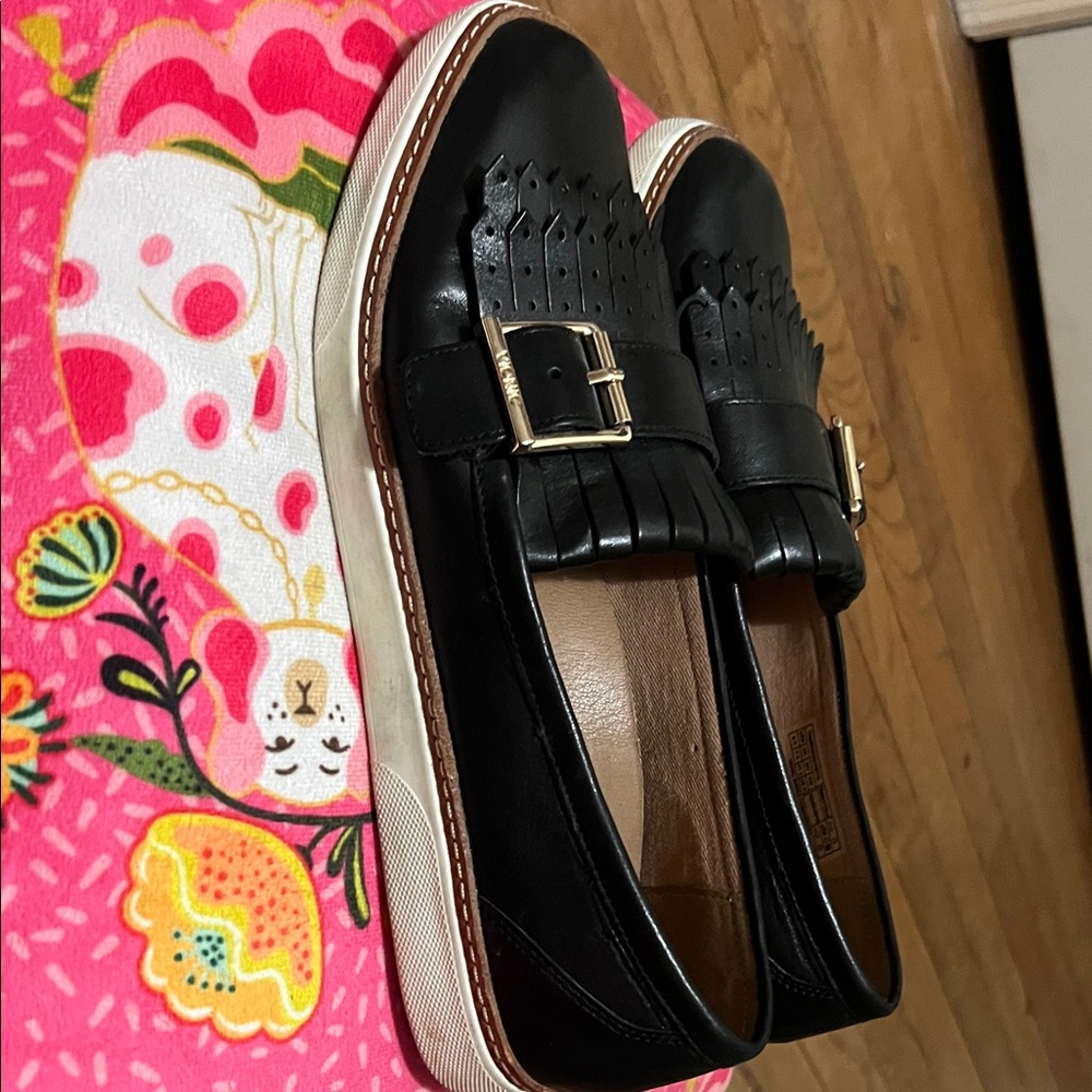 Vionic Black Leather Loafers with Gold Accent - Picture 2 of 15